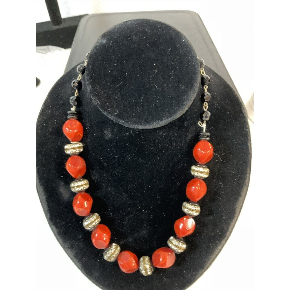 Chunky Glitzy Orange Black Rhinestone 20” Fashion Necklace Open Hook Clasp
